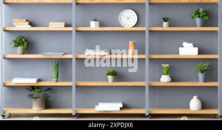 Ripiani con piante in pentole, accessori, elementi decorativi e orologio su sfondo grigio Foto Stock