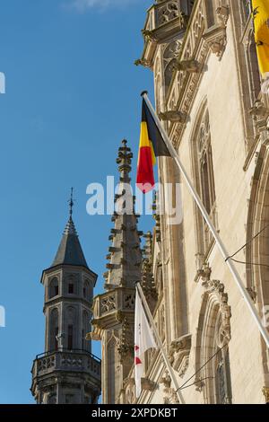 Dettaglio della facciata del palazzo provinciale neo-gotico sulla piazza del mercato di Bruges in Belgio Foto Stock