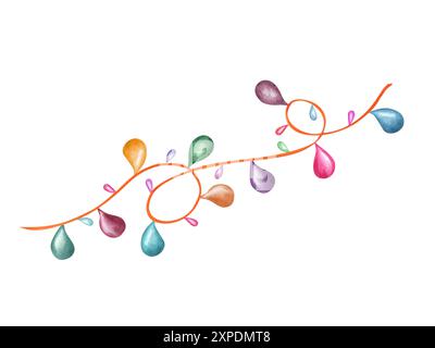 Luce decorativa a corda garland. Lampade multicolore Holiday. Nastro viola con lampadine. Illustrazione acquerello. Foto Stock