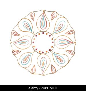 Stupendo rangoli. Motivo geometrico floreale in colori oro e pastello. Diwali Diya. Illustrazione ad acquerello di ornamenti tradizionali indiani. Foto Stock