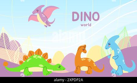 Sfondo colorato con dinosauri disegnati a mano. Illustrazione vettoriale per bambini Illustrazione Vettoriale
