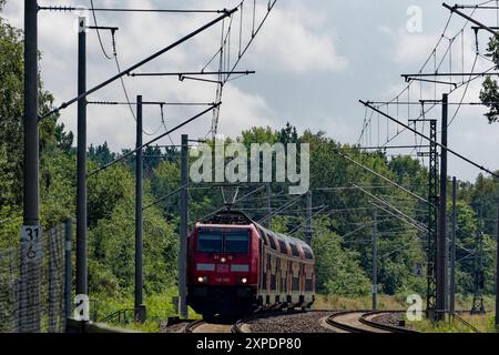 Fernbahngleise Berlin - Rostock bei Oranienburg 2024-08-04 Deutschland, Oranienburg Von einer e-Lok der BR 146 gezogener Ddppelstöckiger Regionalbahnzug der RE5 auf der Fernbahnstrecke Berlin - Neustrelitz - Rostock am nördlichen Rand von Oranienburg. *** Linee principali di Berlino Rostock vicino a Oranienburg 2024 08 04 Germania, Oranienburg Un treno regionale RE5 a due piani trainato da una locomotiva elettrica classe 146 sulla linea principale di Berlino Neustrelitz Rostock al confine settentrionale di Oranienburg Foto Stock