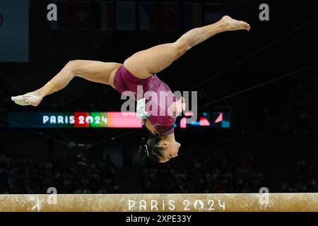 PARIGI, FRANCIA. 5 agosto 2024. Julia Soares del Team Brazil gareggia durante la finale Women's Balance Beam del giorno 10 dei Giochi Olimpici di Parigi 2024 alla Bercy Arena di Parigi, Francia. Crediti: Craig Mercer/Alamy Live News Foto Stock