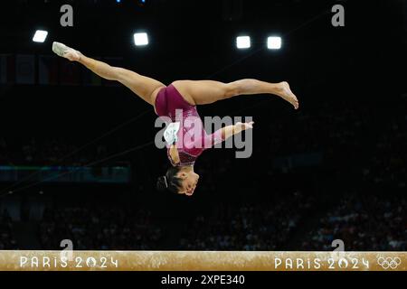 PARIGI, FRANCIA. 5 agosto 2024. Julia Soares del Team Brazil gareggia durante la finale Women's Balance Beam del giorno 10 dei Giochi Olimpici di Parigi 2024 alla Bercy Arena di Parigi, Francia. Crediti: Craig Mercer/Alamy Live News Foto Stock