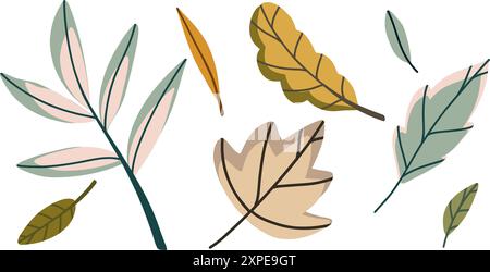 Foglie autunnali di diversi colori e forme. Set di illustrazioni vettoriali per il festival del raccolto per poster, banner, cartoline. Isolato, disegnato a mano Illustrazione Vettoriale