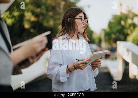 Donna d'affari concentrata che prende appunti all'aperto durante una riunione Foto Stock