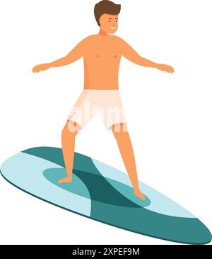 Il giovane uomo si sta bilanciando su una tavola da surf, godendosi l'emozione del surf Illustrazione Vettoriale