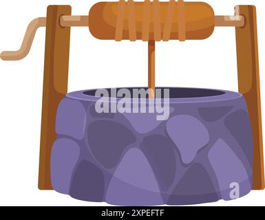 Pozzo d'acqua in pietra con secchio di legno appeso alla fune per ottenere acqua dal pozzo Illustrazione Vettoriale