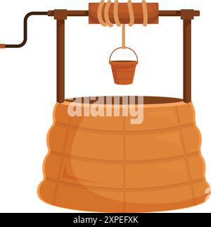 Pozzo d'acqua per cartoni animati con secchio di legno appeso a una corda Illustrazione Vettoriale