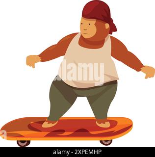 La bella scimmia che indossa la bandana è lo skateboard su uno skateboard arancione Illustrazione Vettoriale