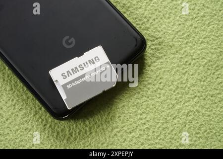 Terengganu, Malesia - 23 agosto 2024 : primo piano dell'adattatore sd samsung su google pixel 3 nero su sfondo verde Foto Stock