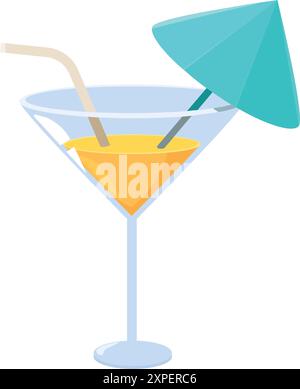 Illustrazione vettoriale con un rinfrescante cocktail arancione servito in un bicchiere di martini, adornato con una paglia e un vivace ombrello da cocktail Illustrazione Vettoriale