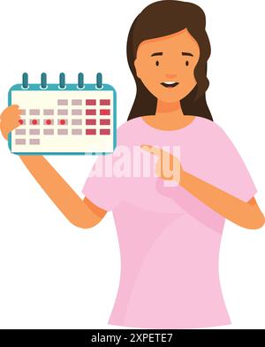 La giovane donna tiene un calendario e lo sta indicando, seguendo il suo ciclo mestruale Illustrazione Vettoriale