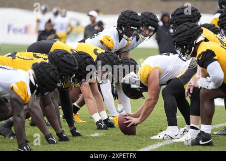 Latrobe, Pennsylvania, Stati Uniti. 3 agosto 2024. 3 agosto 2024: Linea di scrimmage degli Steelers durante il campo di allenamento dei Pittsburgh Steelers a Latrobe, Pennsylvania, al St. Vincent College. Brook Ward/AMG (immagine di credito: © AMG/AMG via ZUMA Press Wire) SOLO PER USO EDITORIALE! Non per USO commerciale! Foto Stock