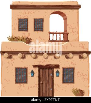 Casa in adobe a due piani con accenti in legno Illustrazione Vettoriale