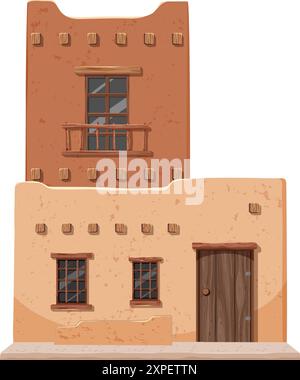 Casa in adobe a due piani con accenti in legno Illustrazione Vettoriale