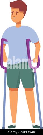 Il personaggio maschile è in piedi e sorridente mentre si usano le stampelle per il supporto Illustrazione Vettoriale