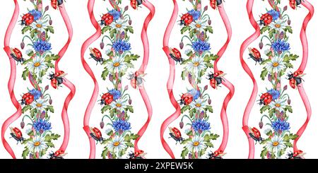 Fiori di mais blu, margherite, coccinelle e nastri verticali rosa creano un'illustrazione ad acquerello. Elemento di composizione botanica Wildflower isolato da Foto Stock