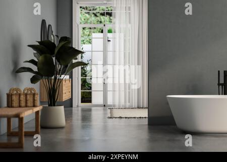 Bagno interno moderno con doppio lavabo e specchio, vasca e piante. Accessori da bagno e finestra nel monolocale dell'hotel. Foto Stock