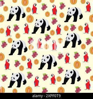 carino panda, pappagallo con uva e cantalupa come sfondo Illustrazione Vettoriale