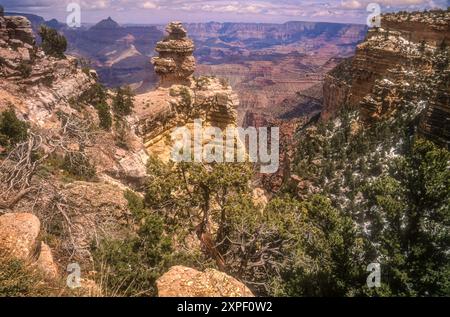 Vista di Duck su una formazione rocciosa con una vista mozzafiato lungo il South Rim del Grand Canyon nell'Arizona settentrionale. (USA) Foto Stock