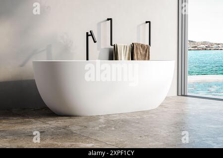 Rendering 3D di un bagno moderno con pareti grigie, vasca bianca, pavimento terrazzo e vista della piscina e del mare dalla finestra Foto Stock