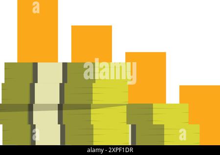 Grafico di riduzione del denaro che mostra la perdita finanziaria con pile di contanti e monete Illustrazione Vettoriale