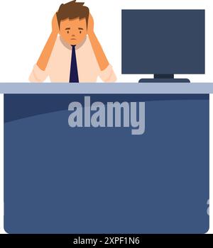 Uomo d'affari che copre le orecchie si sente stanco e stressato mentre lavora al computer alla scrivania dell'ufficio Illustrazione Vettoriale