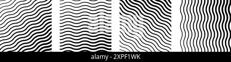 Set di sfondi geometrici con texture monocromatica della superficie acquosa. Linee nere ondulate che vanno da sottili a spesse. Illustrazione vettoriale di orizzontale e. Illustrazione Vettoriale