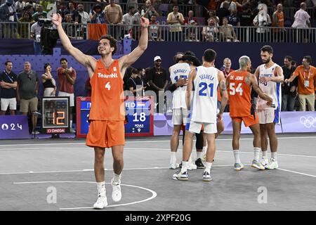 Parigi, Francia. 5 agosto 2024. Jan Driessen dei Paesi Bassi celebra, 3x3 pallacanestro, medaglia di bronzo maschile tra Francia e Paesi Bassi durante i Giochi Olimpici di Parigi 2024 il 5 agosto 2024 a la Concorde di Parigi, Francia - foto Michael Baucher/Panoramic/DPPI Media Credit: DPPI Media/Alamy Live News Foto Stock