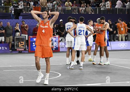 Parigi, Francia. 5 agosto 2024. Jan Driessen dei Paesi Bassi celebra, 3x3 pallacanestro, medaglia di bronzo maschile tra Francia e Paesi Bassi durante i Giochi Olimpici di Parigi 2024 il 5 agosto 2024 a la Concorde di Parigi, Francia - foto Michael Baucher/Panoramic/DPPI Media Credit: DPPI Media/Alamy Live News Foto Stock