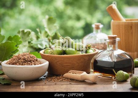 Sana corteccia di rovere in vaschetta di ceramica, bottiglia di infusione o tintura, vaschetta di legno di ghiande. Mortaio, foglie di quercia verde sullo sfondo. Farmaco erboristico alternativo Foto Stock