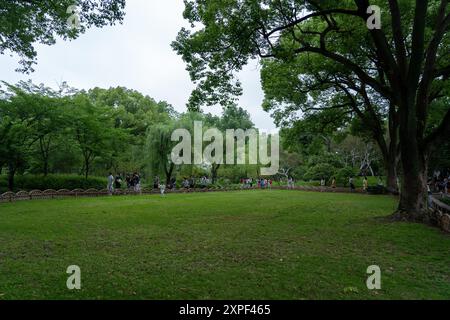 Suzhou, Cina - 11 giugno 2024: Una vista su un'area verde erbosa in un parco con una recinzione di legno e molti alberi sullo sfondo. Foto Stock