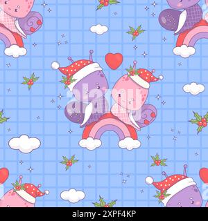 Motivo senza cuciture con lumaca di Natale in cappello di Babbo Natale su arcobaleno. Insetto kawaii cartoni animati natalizi su sfondo blu a scacchi con Illustrazione Vettoriale