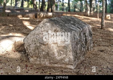 Čule, Kruševo, Mostar, Bosnia ed Erzegovina - agosto 2023: Lapide medievale di Stećak sul cimitero "Šamatorje" accanto alla chiesa. CE ne sono altri Foto Stock