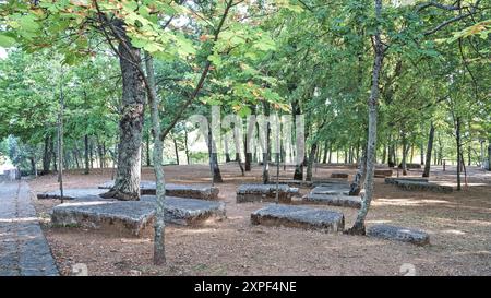 Čule, Kruševo, Mostar, Bosnia ed Erzegovina - agosto 2023: Lapide medievale di Stećak sul cimitero "Šamatorje" accanto alla chiesa. CE ne sono altri Foto Stock