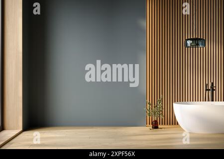 Il bagno con vasca e parete vuota è ideale per esporre i vostri prodotti in un bagno elegante e moderno con pareti in legno e blu Foto Stock