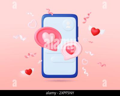 Concetto di chat 3d online. Messaggi romantici, relazioni d'amore a distanza in chat. Mockup smartphone, talk bobbles, cuori rendering di elementi vettoriali Illustrazione Vettoriale