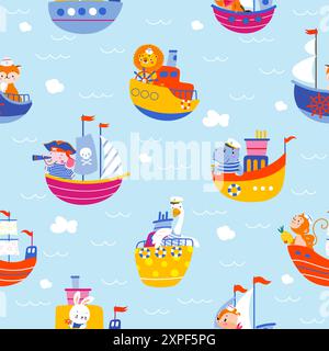 Animali sulle navi. Animali da cartoni animati su barche e yacht. Design con stampa in tessuto per bambini in stile marinaro. Leone elefante oca coniglio marinai vettoriale di neve Illustrazione Vettoriale