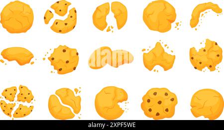 Biscotti con farinata d'avena. Biscotto cartoni animati con briciole di cocco, pieno e morso. Gustoso dolce da dessert a tè o caffè, per bambini e adulti, set vettoriale neoterico Illustrazione Vettoriale