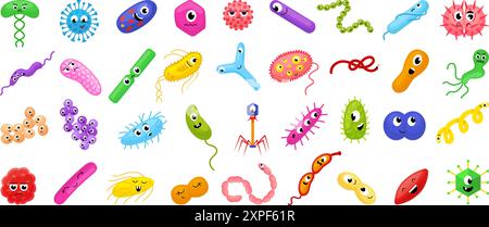 Caratteri batterici. Microbi carini virus batteri. Cartoon medicina e chimica elementi emotivi divertenti. Scienza per bambini, vettore neoterico Illustrazione Vettoriale