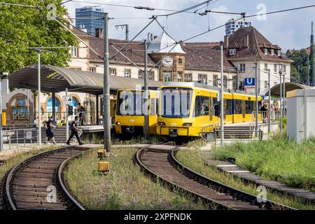 Stadtbahn der SSB Stuttgart unterwegs am Bahnhof Feuerbach. // 03.08.2024: Stoccarda, Baden-Württemberg, Deutschland *** treno leggero SSB di Stoccarda in viaggio alla stazione di Feuerbach 03 08 2024 Stoccarda, Baden Württemberg, Germania Foto Stock