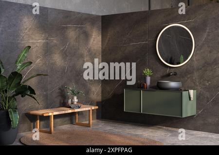 Bagno moderno di lusso, pareti in marmo, vasca, pavimento grigio, piante interne, panorama. Foto Stock