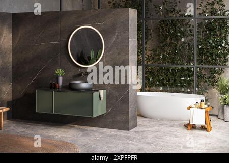 Bagno moderno di lusso, pareti in marmo, vasca, pavimento grigio, piante interne, panorama. Foto Stock