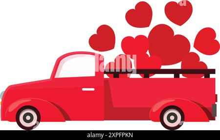 Pick-up rosso con molti cuori per un'occasione speciale Illustrazione Vettoriale