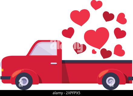 Pick-up rosso con molti cuori per un romantico regalo di san valentino Illustrazione Vettoriale