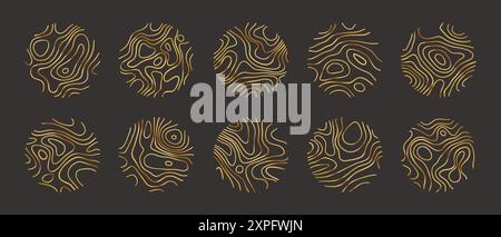 Set di texture con anelli di legno circolari o linee della mappa topografica. Collezione di linee astratte topografiche in legno Illustrazione Vettoriale