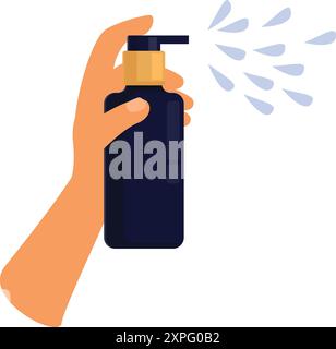 La mano tiene in mano un flacone spray e applica il liquido disinfettante Illustrazione Vettoriale