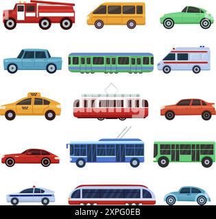 Trasporto urbano. Veicolo pubblico, filobus, taxi, metropolitana, treni ferroviari e tram. Auto personali piane e trasporti speciali, oggi Illustrazione Vettoriale