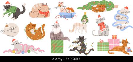 Gatti natalizi cartoni animati. Simpatico gatto indossa costumi natalizi, gioca con ghirlande e giocattoli, seduto nella scatola presente. Simpatici animali per il nuovo anno, personaggi vettoriali Illustrazione Vettoriale
